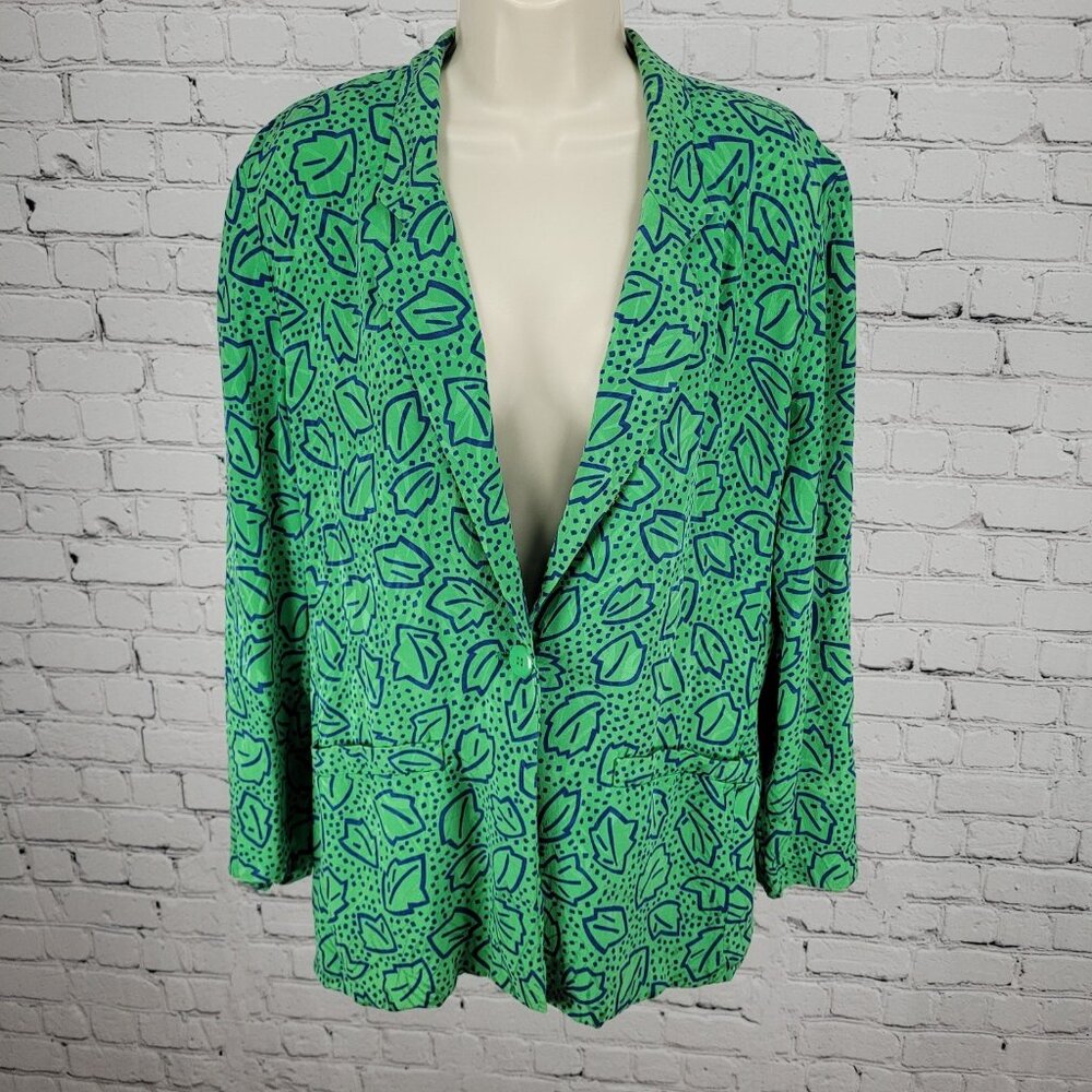 VTG Liz Claiborne Green 100% Silk Leaf Print Unlined Lightweight Jacket Size MP - Picture 1 of 13